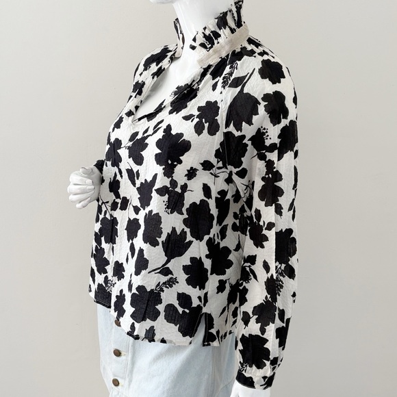 A Shirt Thing Penelope Cabo Top Black & White Floral High Ruffle Collar Cotton - Picture 3 of 4